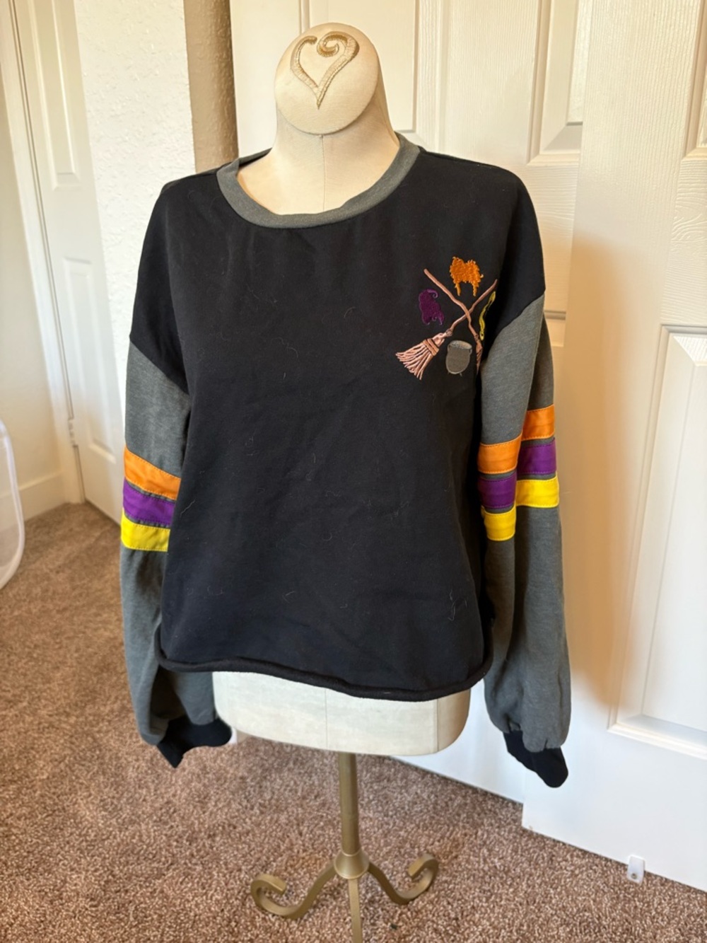 Hocus Pocus Embroidered Crewneck Sweatshirt with Colorful Stripe Sleeves